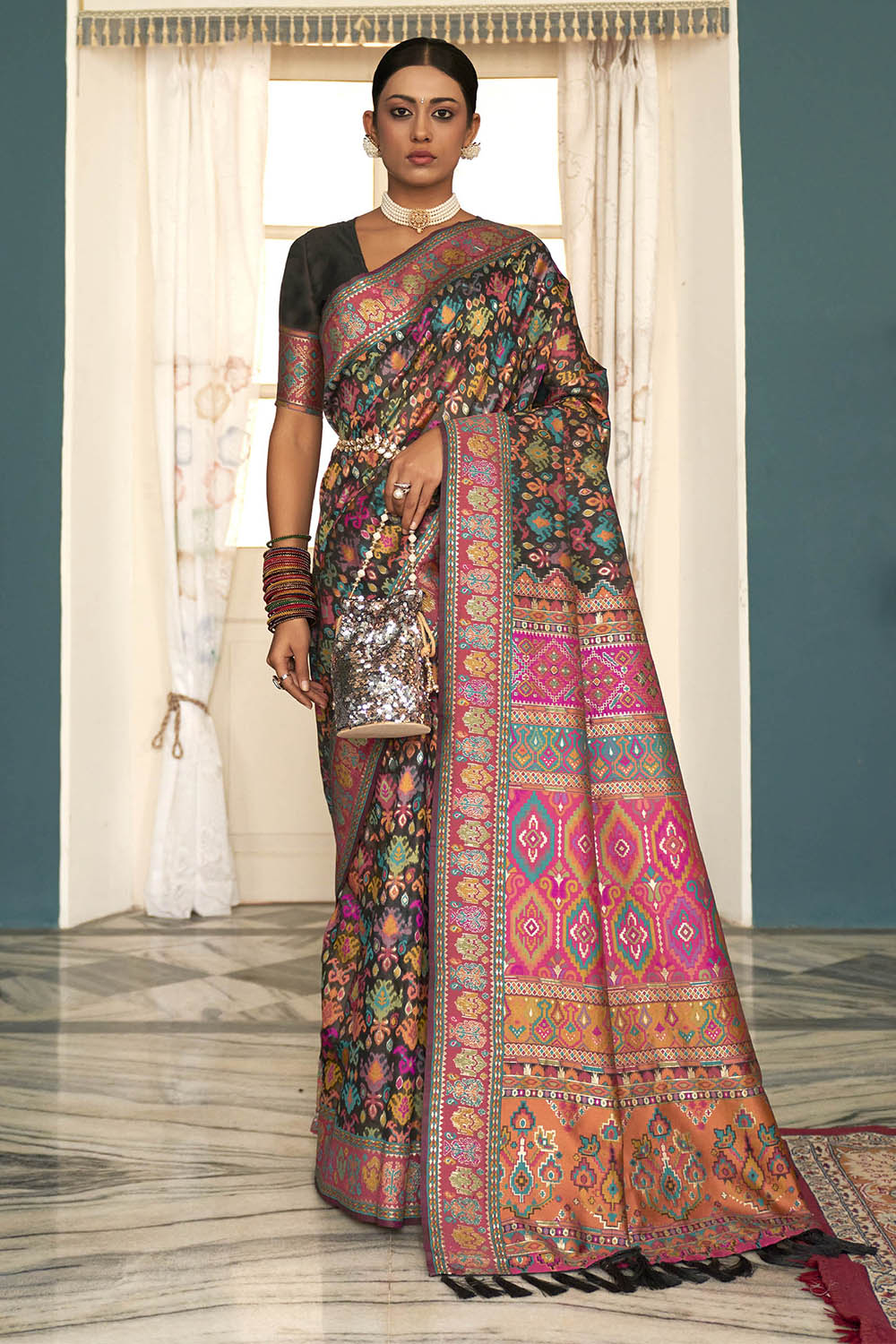 Black with Multi Woven Designer Kashmiri Kani Silk Saree with Intricate Floral Weaving Design