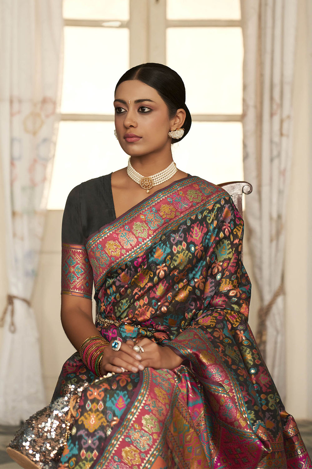 Black with Multi Woven Designer Kashmiri Kani Silk Saree with Intricate Floral Weaving Design