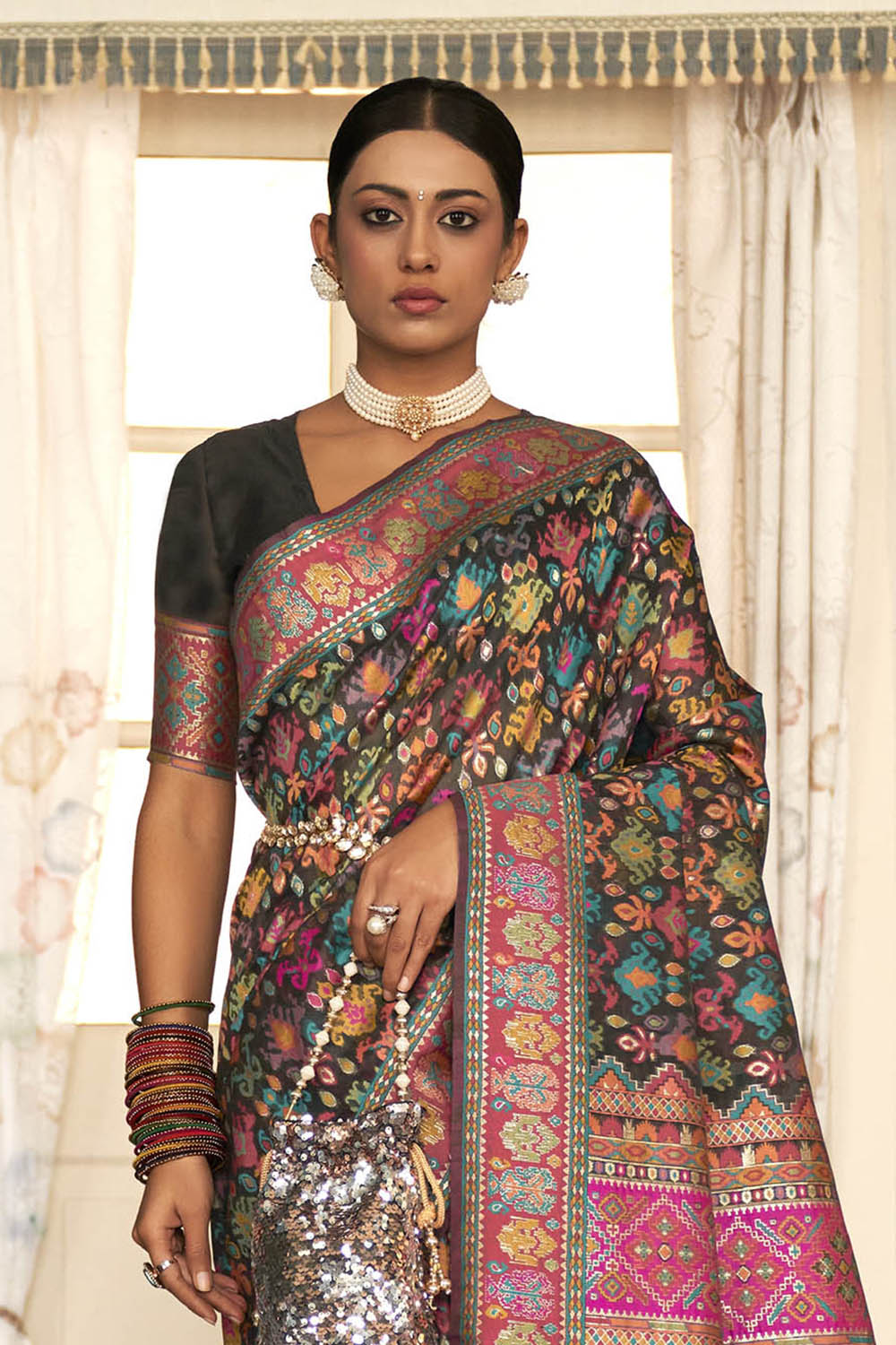 Black with Multi Woven Designer Kashmiri Kani Silk Saree with Intricate Floral Weaving Design