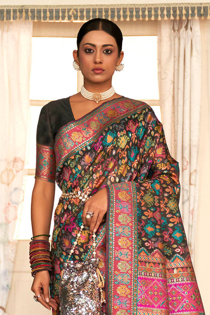 Black with Multi Woven Designer Kashmiri Kani Silk Saree with Intricate Floral Weaving Design