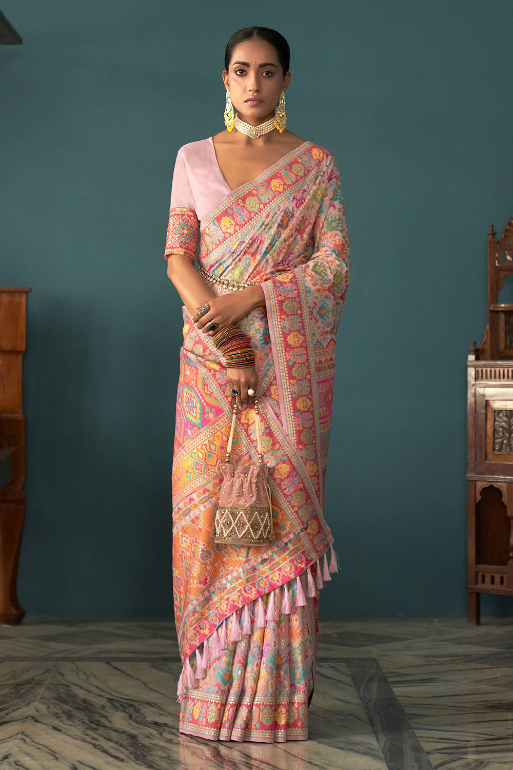 Light Pink Woven Designer Kashmiri Kani Silk Saree with Intricate Floral Weaving Design