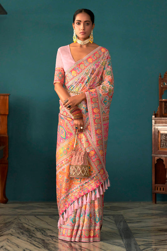 Light Pink Woven Designer Kashmiri Kani Silk Saree with Intricate Floral Weaving Design