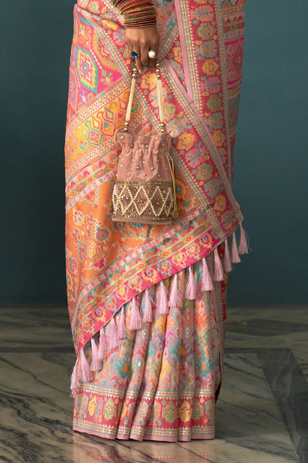 Light Pink Woven Designer Kashmiri Kani Silk Saree with Intricate Floral Weaving Design