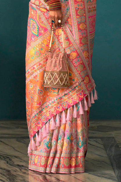 Light Pink Woven Designer Kashmiri Kani Silk Saree with Intricate Floral Weaving Design