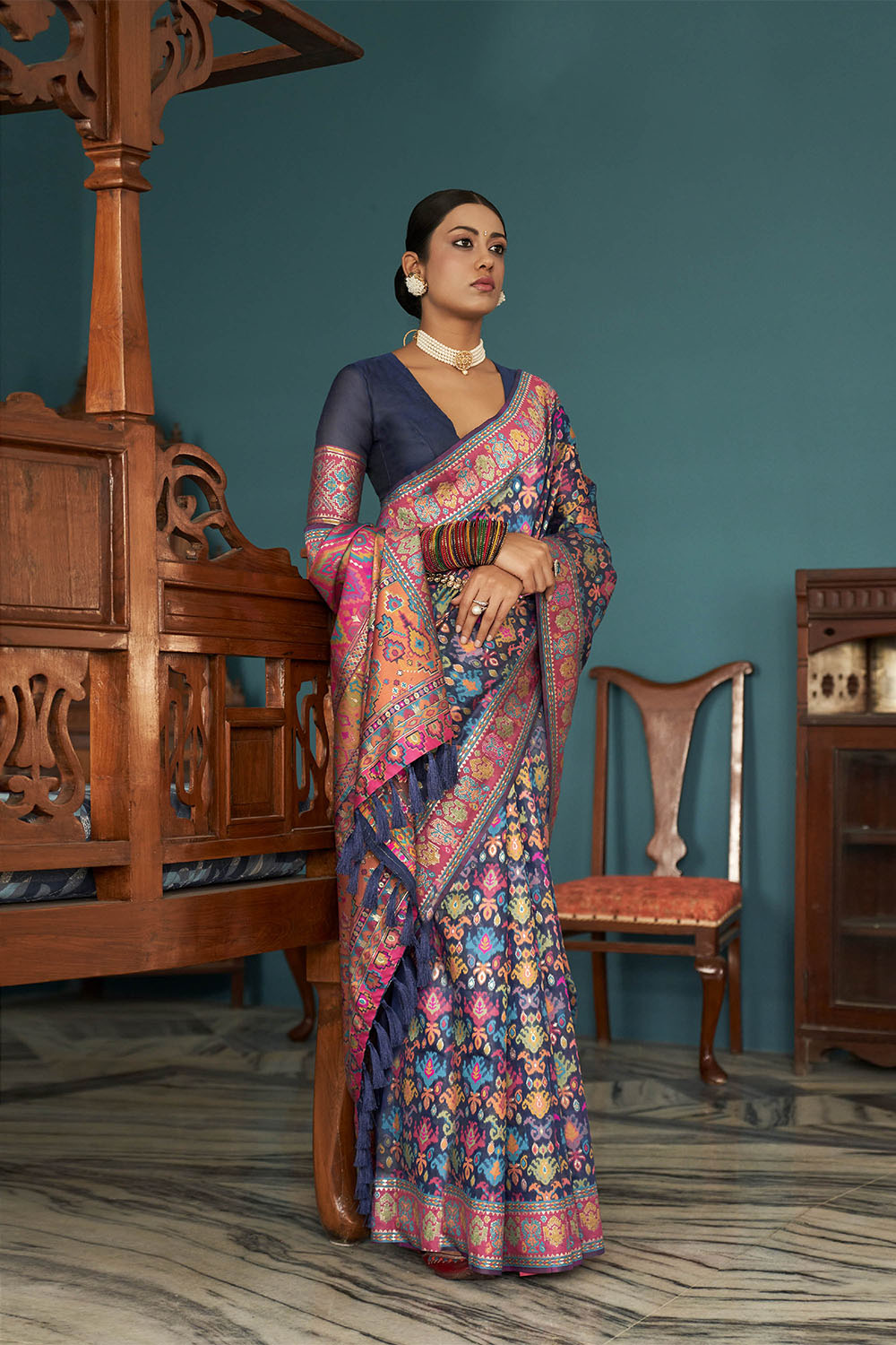 Navy Blue Woven Designer Kashmiri Kani Silk Saree with Intricate Floral Weaving Design