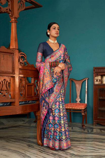 Navy Blue Woven Designer Kashmiri Kani Silk Saree with Intricate Floral Weaving Design