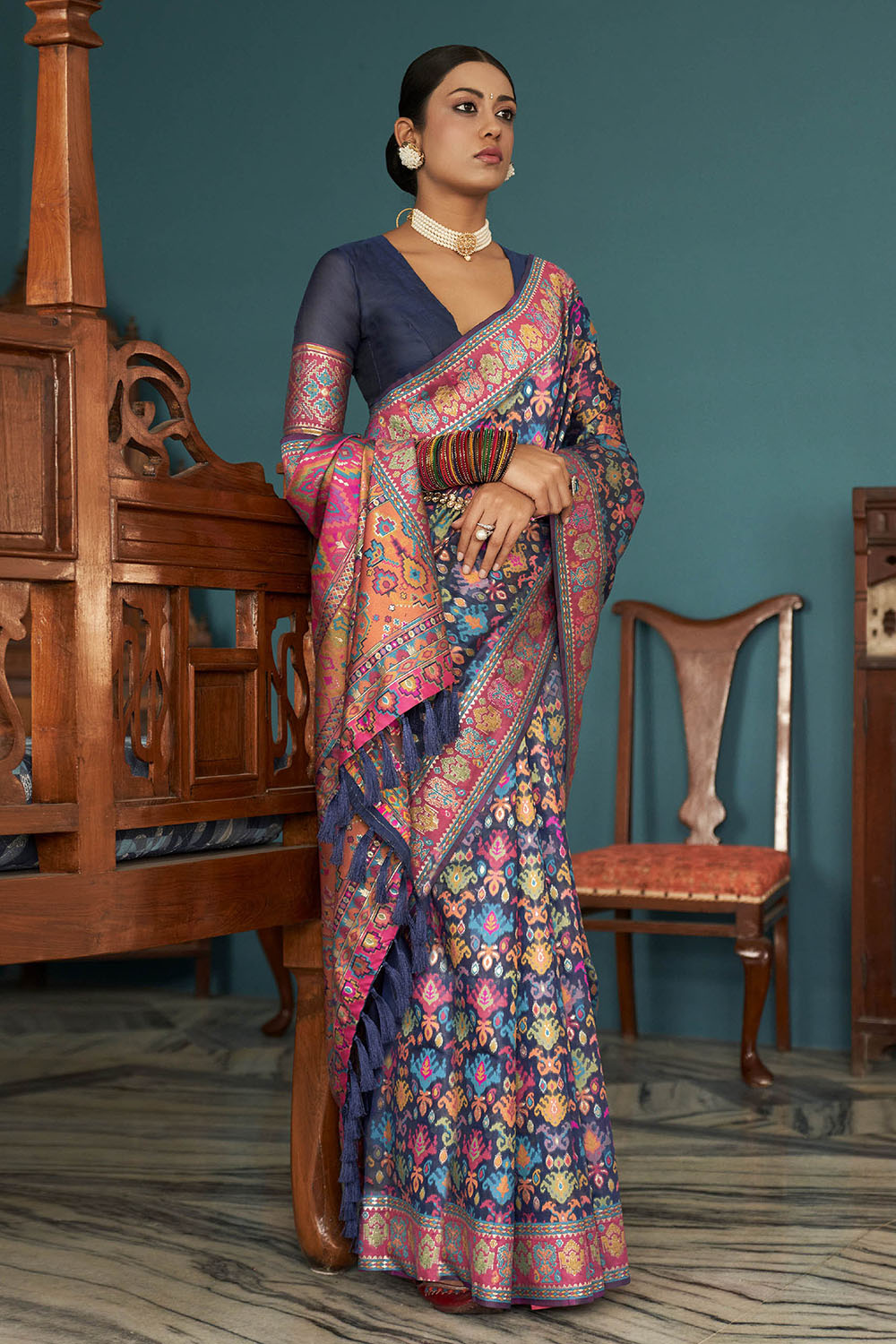 Navy Blue Woven Designer Kashmiri Kani Silk Saree with Intricate Floral Weaving Design