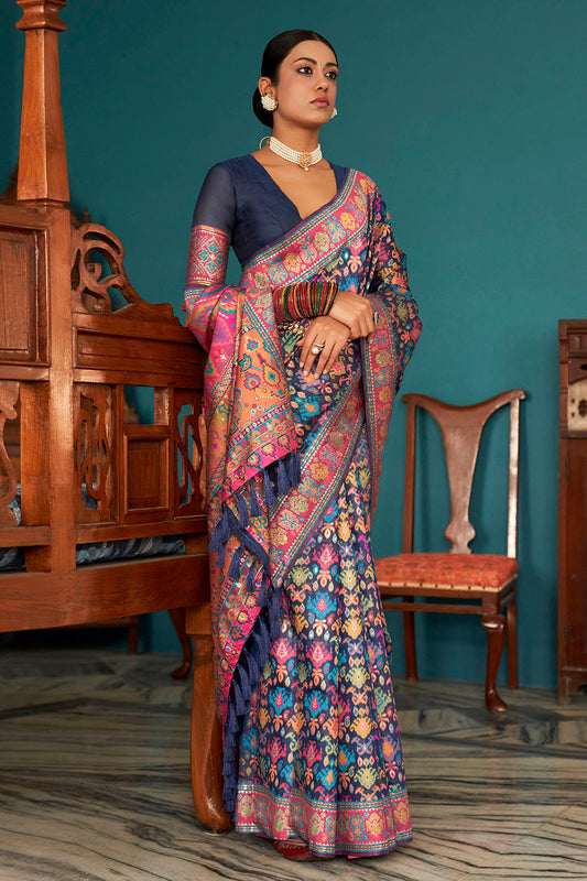 Navy Blue Woven Designer Kashmiri Kani Silk Saree with Intricate Floral Weaving Design