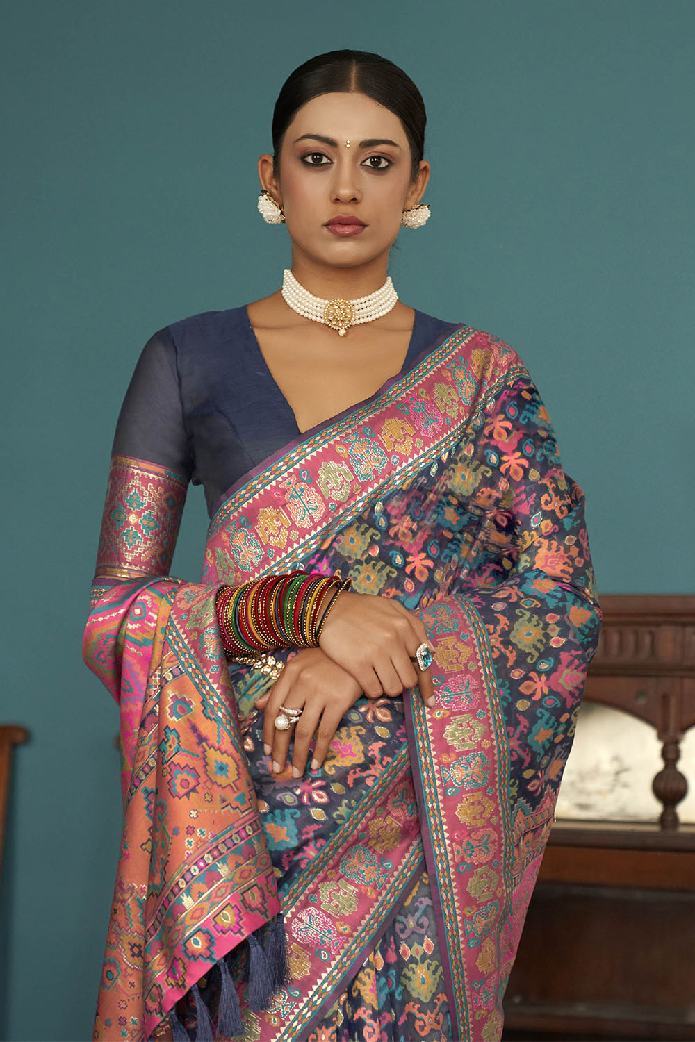 Navy Blue Woven Designer Kashmiri Kani Silk Saree with Intricate Floral Weaving Design