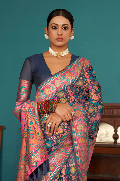 Navy Blue Woven Designer Kashmiri Kani Silk Saree with Intricate Floral Weaving Design