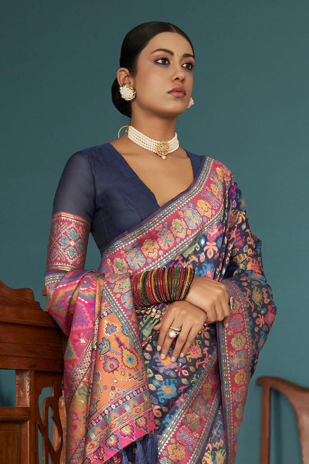 Navy Blue Woven Designer Kashmiri Kani Silk Saree with Intricate Floral Weaving Design