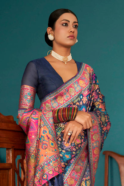 Navy Blue Woven Designer Kashmiri Kani Silk Saree with Intricate Floral Weaving Design