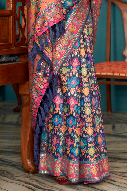 Navy Blue Woven Designer Kashmiri Kani Silk Saree with Intricate Floral Weaving Design