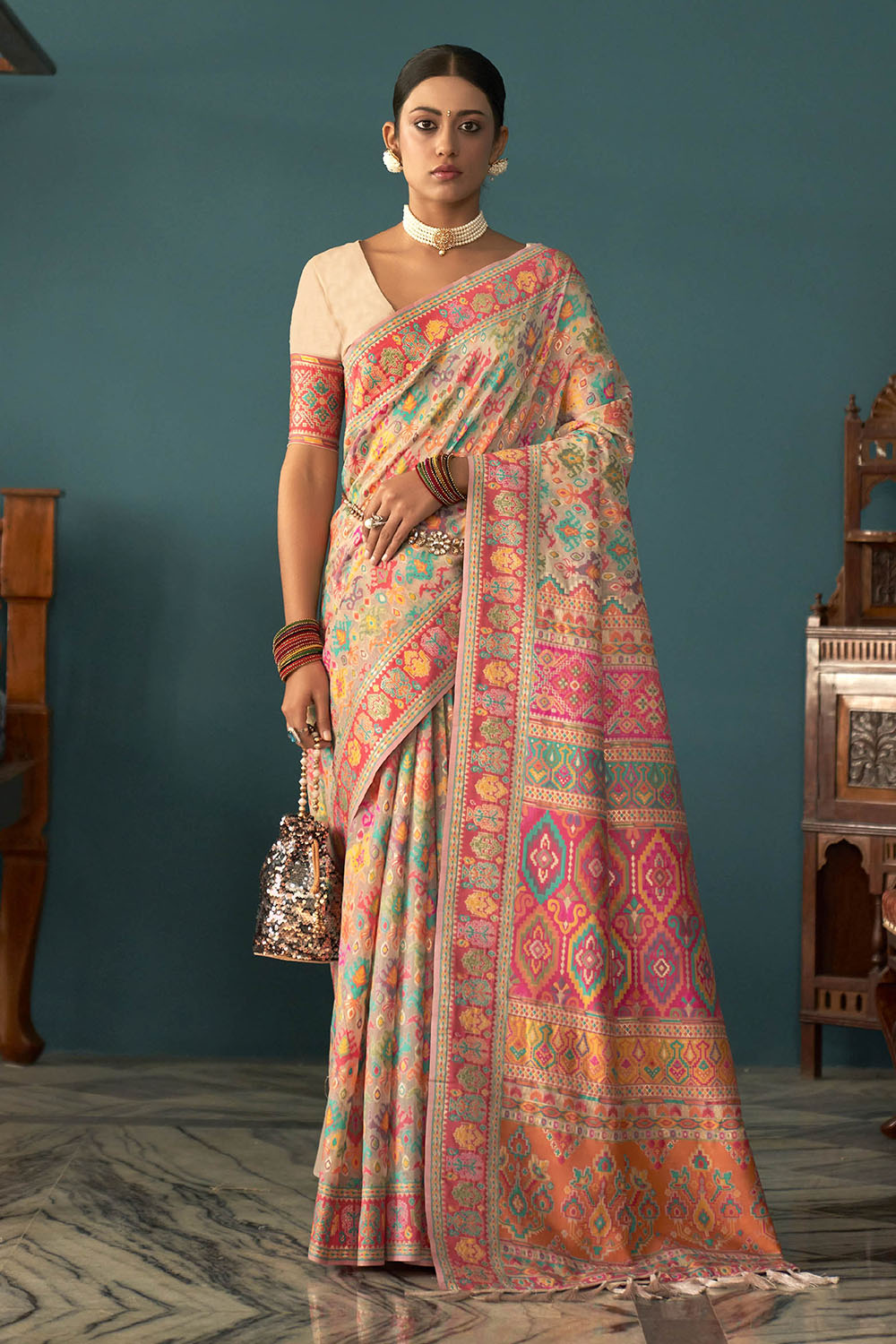 Beige White Woven Designer Kashmiri Kani Silk Saree with Intricate Floral Weaving Design