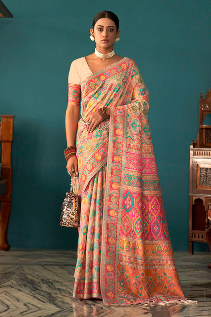 Beige White Woven Designer Kashmiri Kani Silk Saree with Intricate Floral Weaving Design