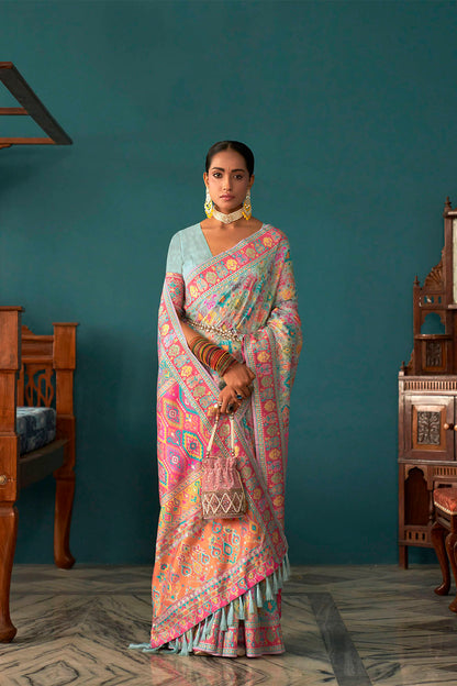 Powder Blue Woven Designer Kashmiri Kani Silk Saree with Intricate Floral Weaving Design