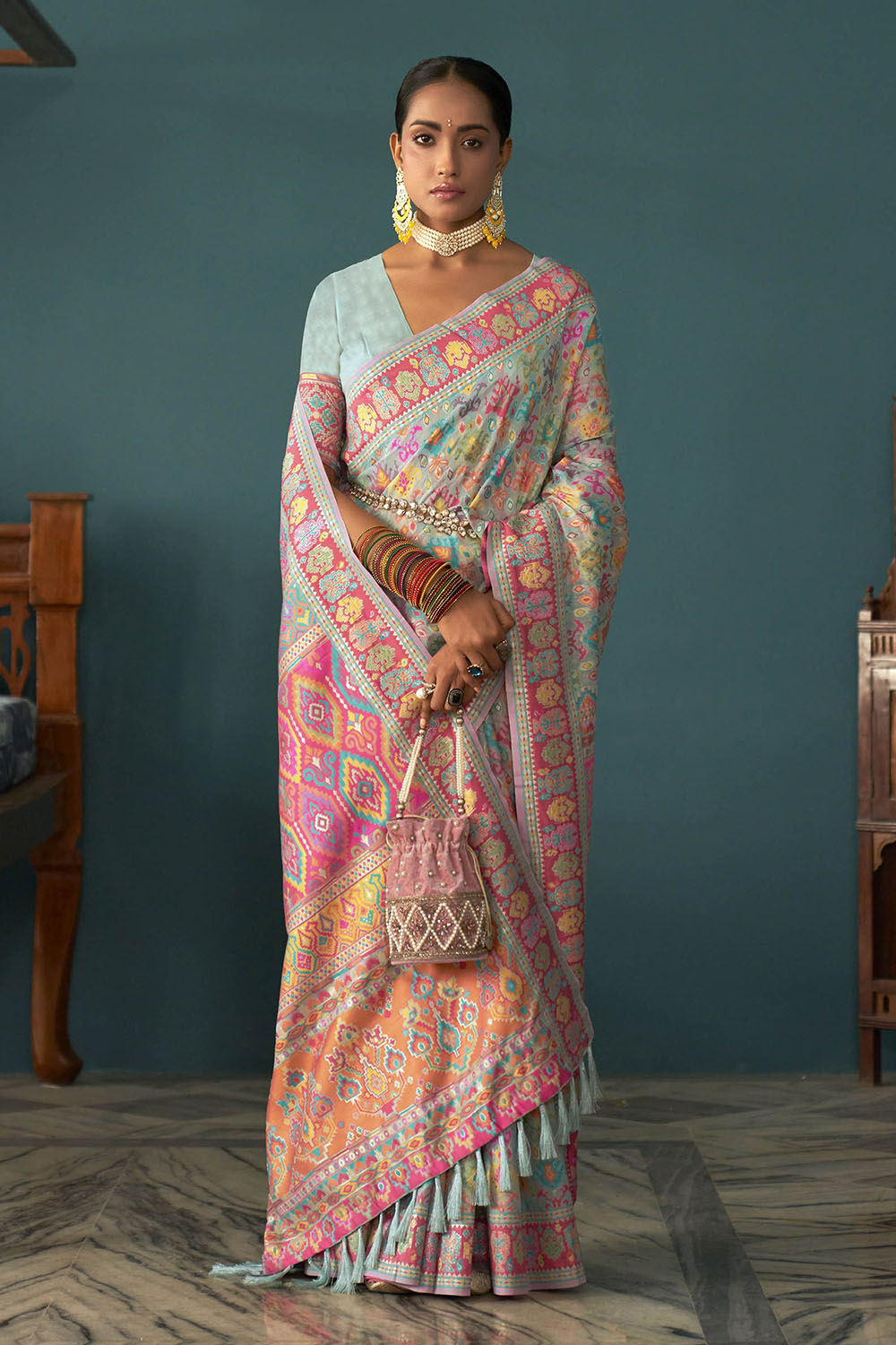 Powder Blue Woven Designer Kashmiri Kani Silk Saree with Intricate Floral Weaving Design