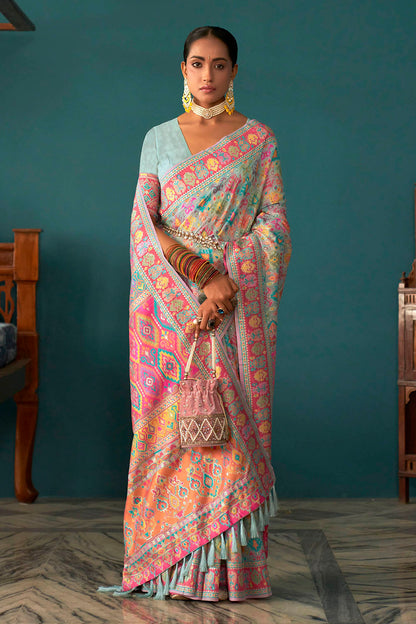 Powder Blue Woven Designer Kashmiri Kani Silk Saree with Intricate Floral Weaving Design