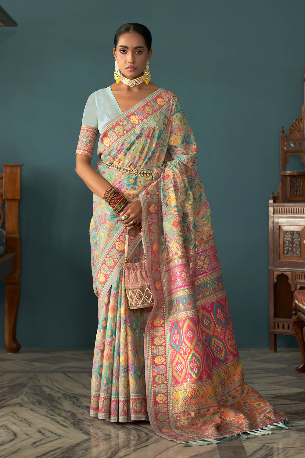 Powder Blue Woven Designer Kashmiri Kani Silk Saree with Intricate Floral Weaving Design