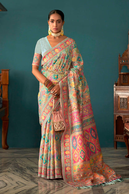 Powder Blue Woven Designer Kashmiri Kani Silk Saree with Intricate Floral Weaving Design