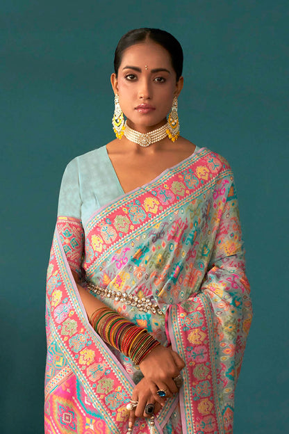 Powder Blue Woven Designer Kashmiri Kani Silk Saree with Intricate Floral Weaving Design