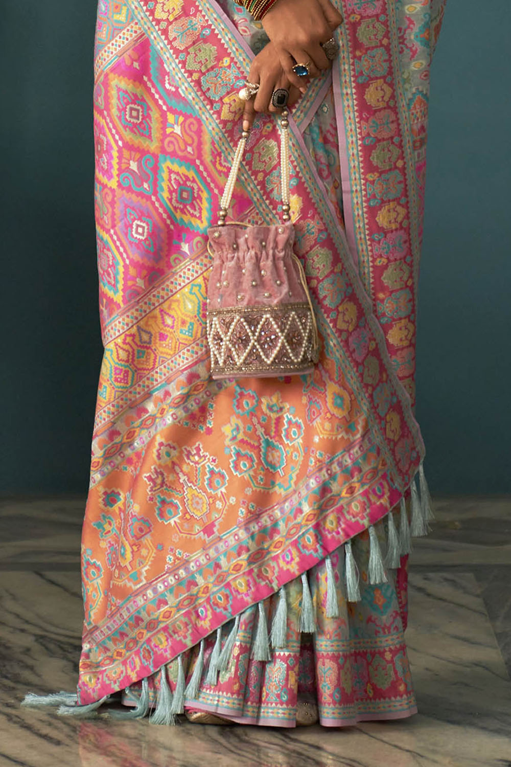 Powder Blue Woven Designer Kashmiri Kani Silk Saree with Intricate Floral Weaving Design