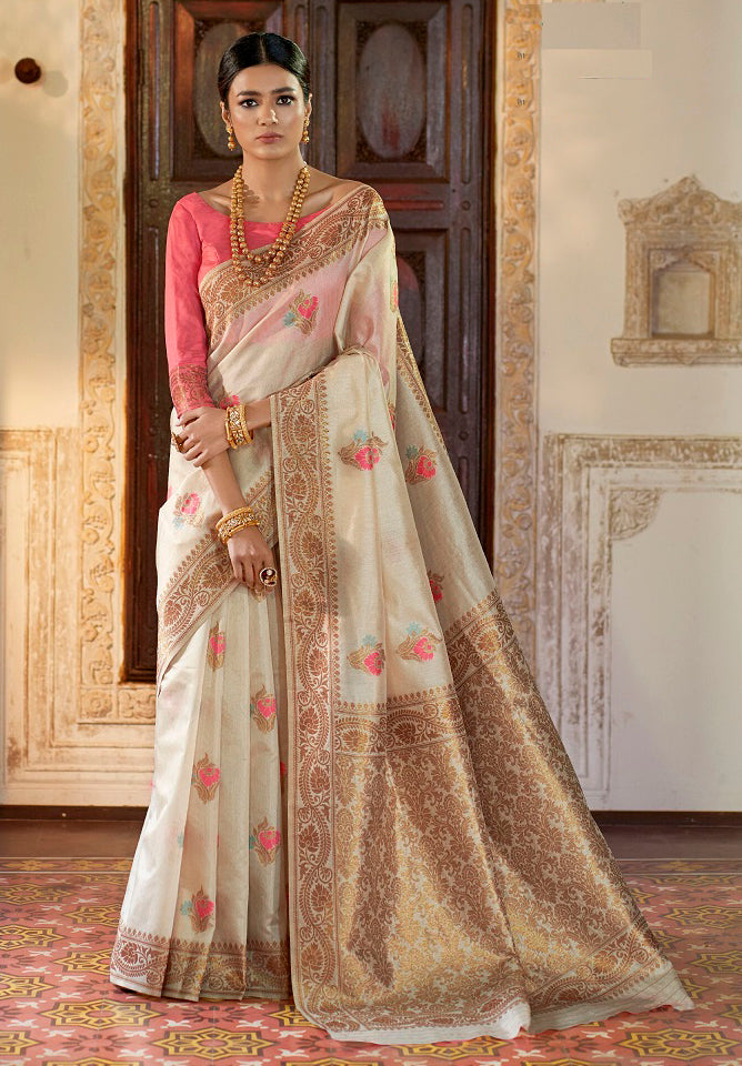 Pearl White Designer Linen Zari Woven Silk Saree