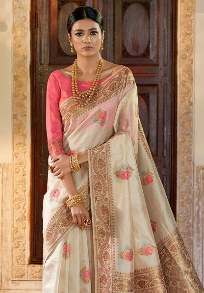 Pearl White Designer Linen Zari Woven Silk Saree