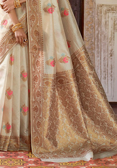 Pearl White Designer Linen Zari Woven Silk Saree