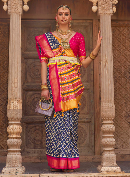 Dark Blue Checkered Soft Floral Printed Saree with Ekat Border and Pallu