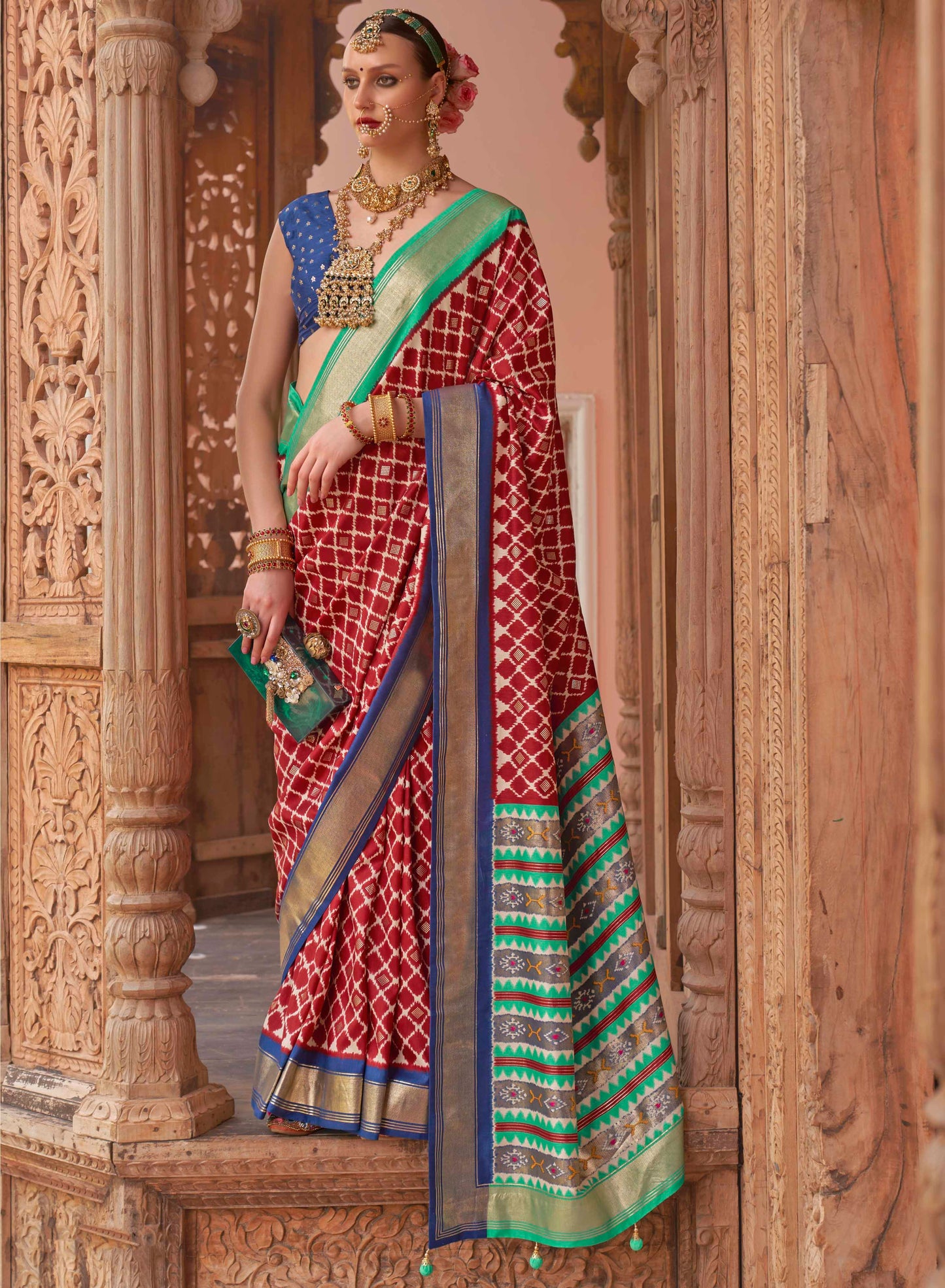 Red Checkered Soft Floral Printed Saree with Ekat Border and Pallu