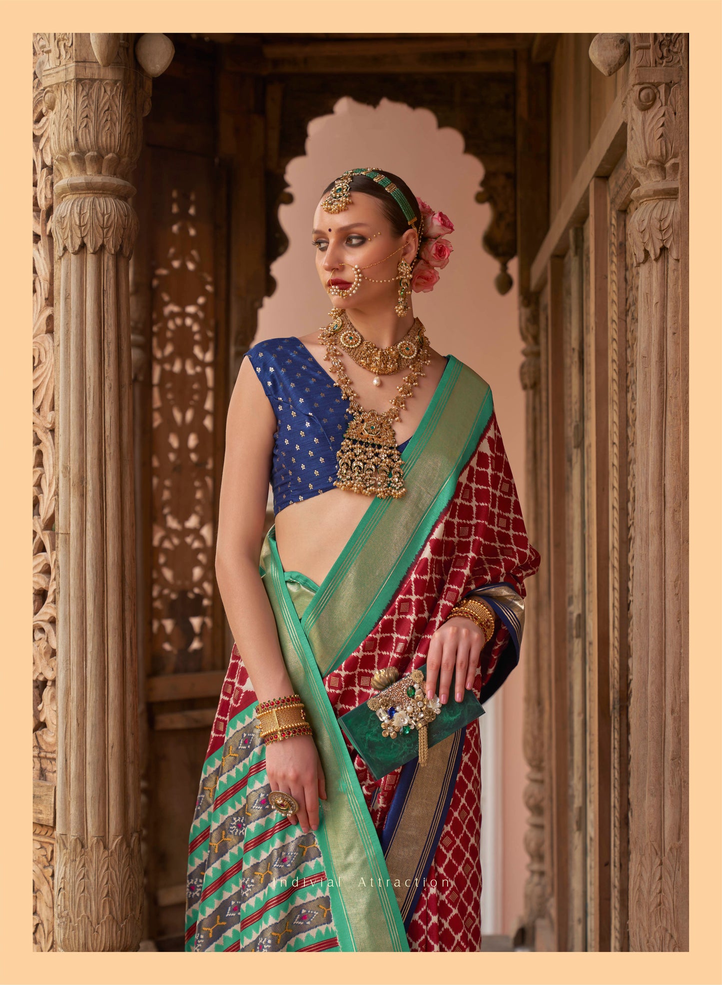 Red Checkered Soft Floral Printed Saree with Ekat Border and Pallu