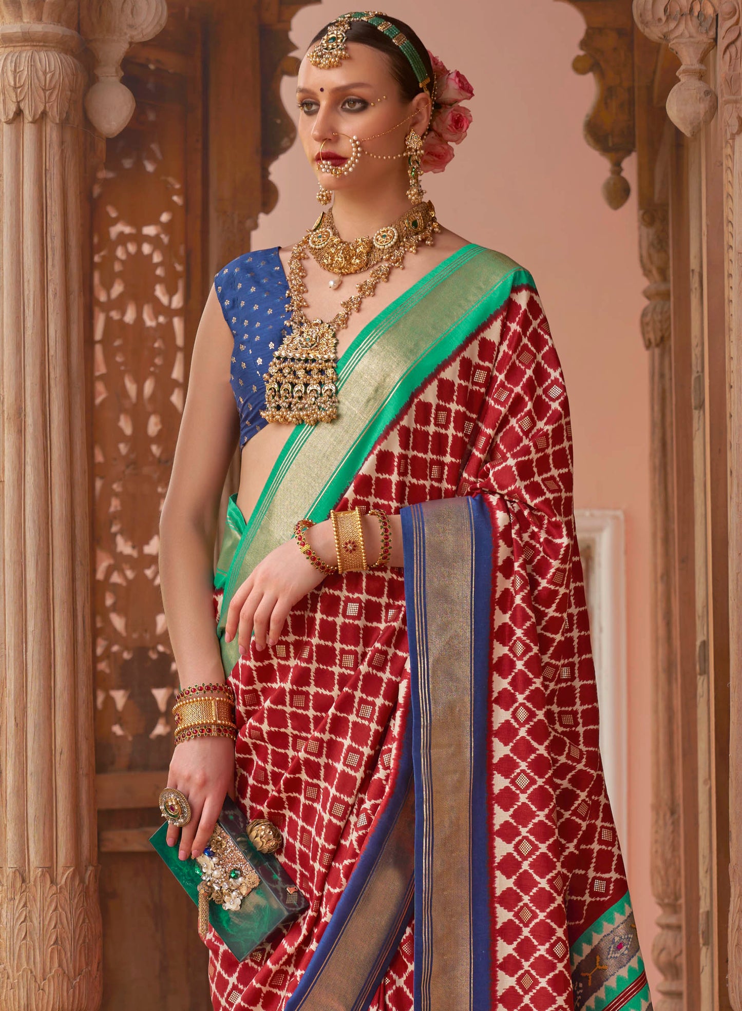 Red Checkered Soft Floral Printed Saree with Ekat Border and Pallu