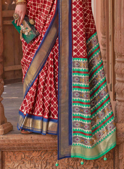 Red Checkered Soft Floral Printed Saree with Ekat Border and Pallu