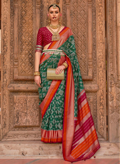 Bottle Green Soft Floral Printed Saree with Ekat Border and Pallu