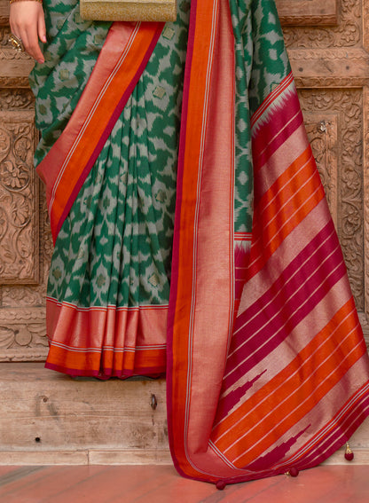 Bottle Green Soft Floral Printed Saree with Ekat Border and Pallu