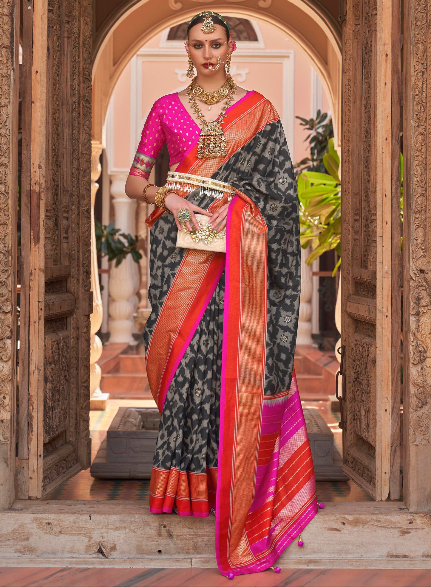 Black with Pink Soft Floral Printed Saree with Ekat Border and Pallu