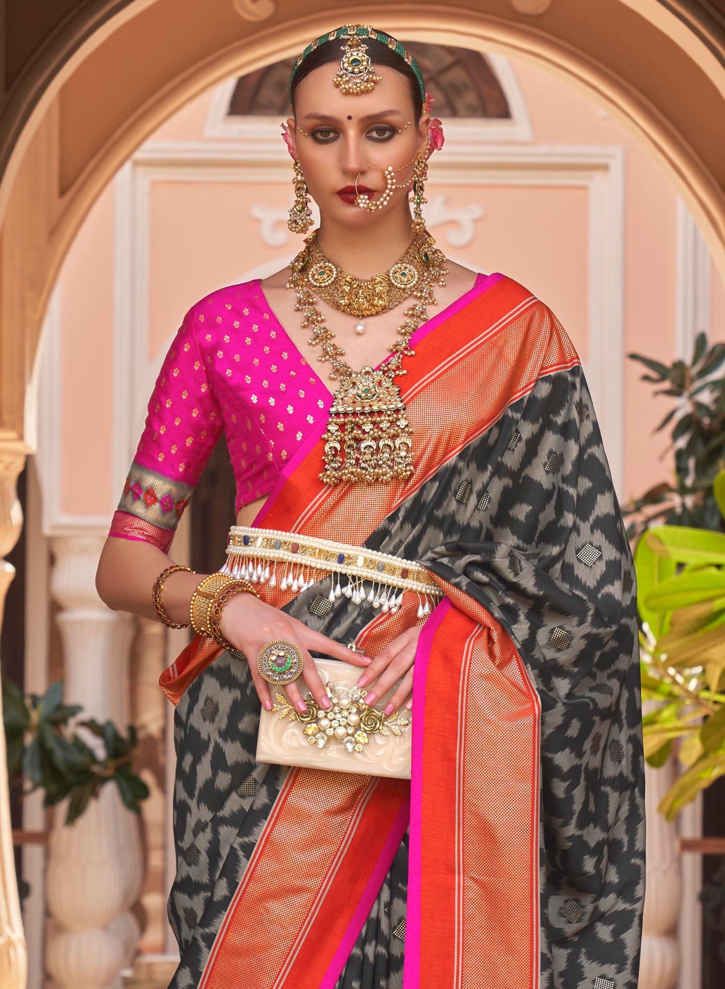 Black with Pink Soft Floral Printed Saree with Ekat Border and Pallu