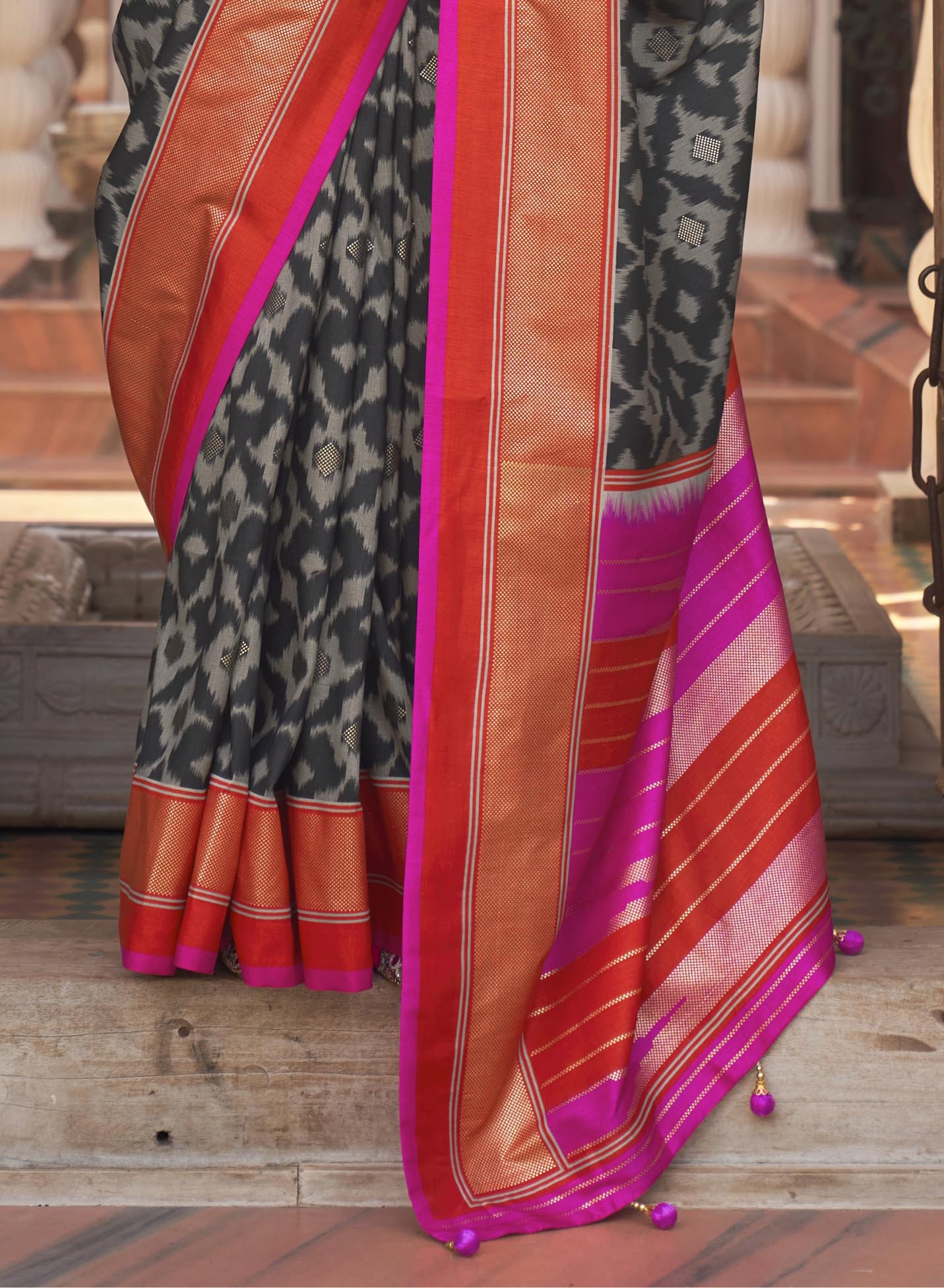 Black with Pink Soft Floral Printed Saree with Ekat Border and Pallu