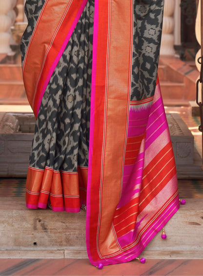 Black with Pink Soft Floral Printed Saree with Ekat Border and Pallu