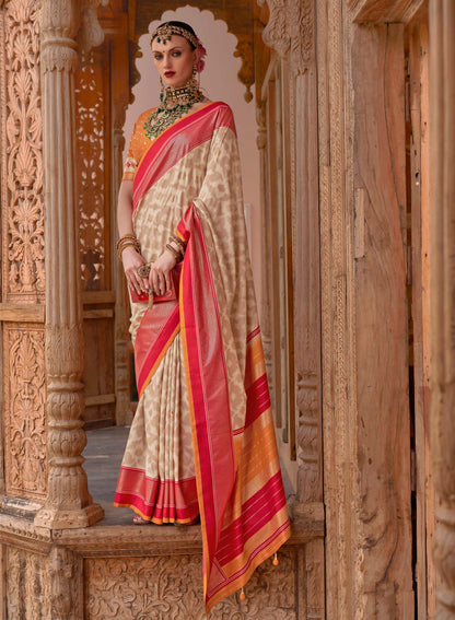 Cream with Red Soft Floral Printed Saree with Ekat Border and Pallu
