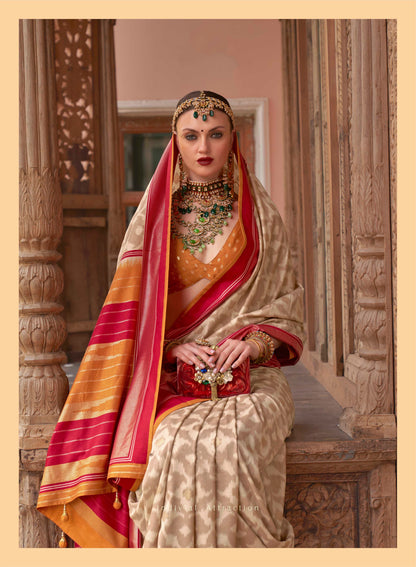 Cream with Red Soft Floral Printed Saree with Ekat Border and Pallu