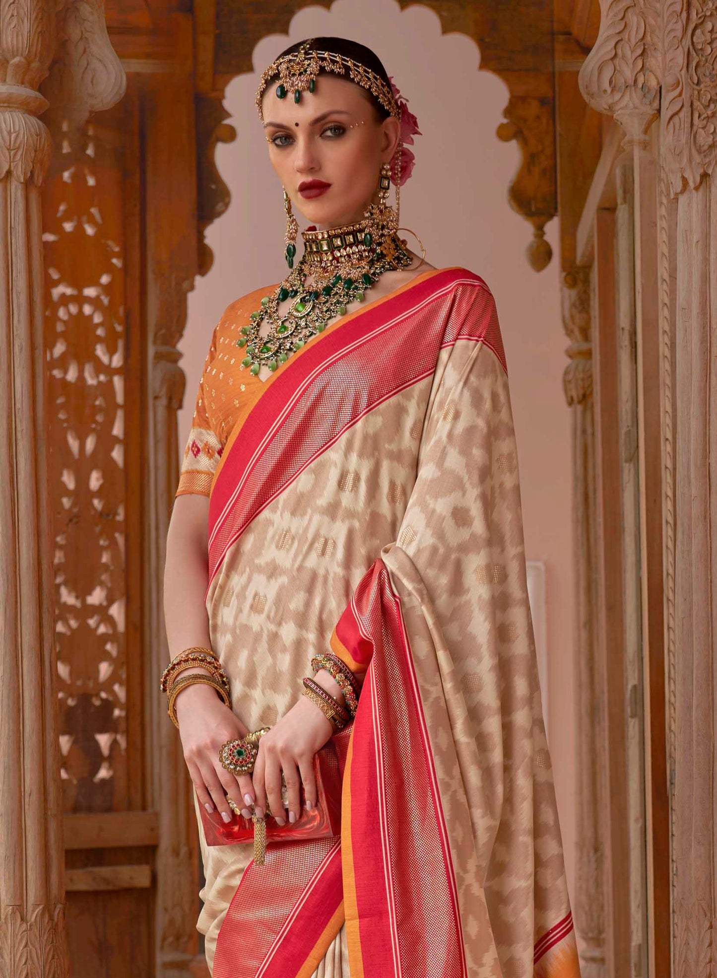 Cream with Red Soft Floral Printed Saree with Ekat Border and Pallu