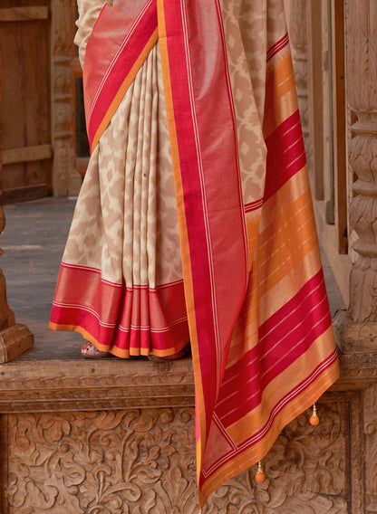 Cream with Red Soft Floral Printed Saree with Ekat Border and Pallu