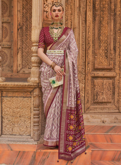 Mauve with Mehroon Soft Floral Printed Saree with Ekat Border and Pallu