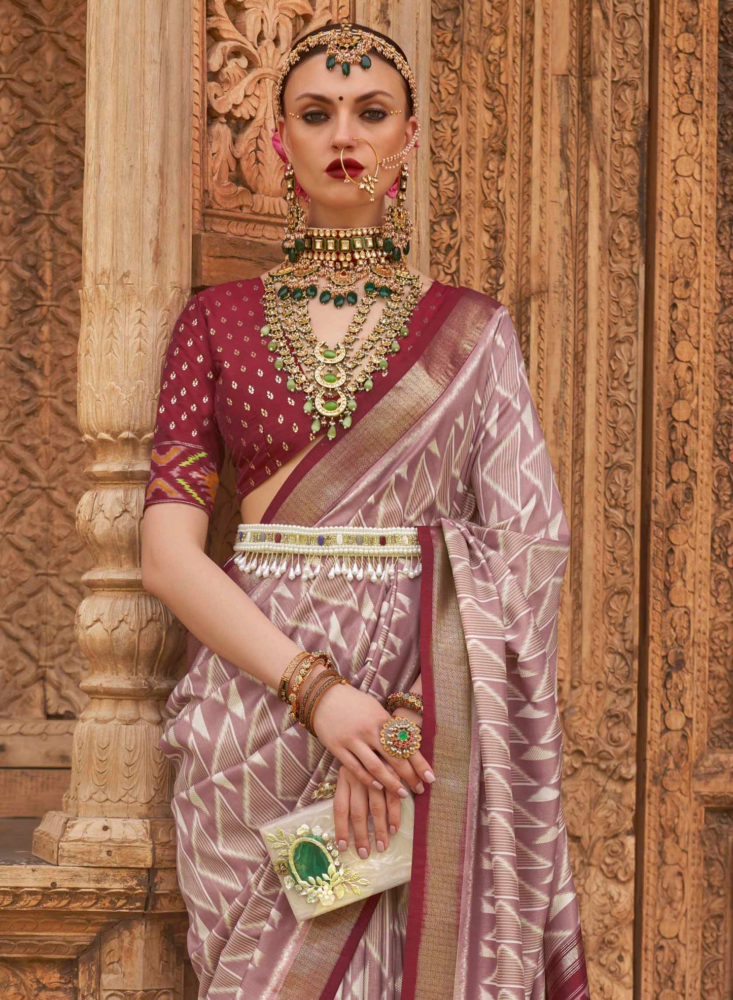 Mauve with Mehroon Soft Floral Printed Saree with Ekat Border and Pallu