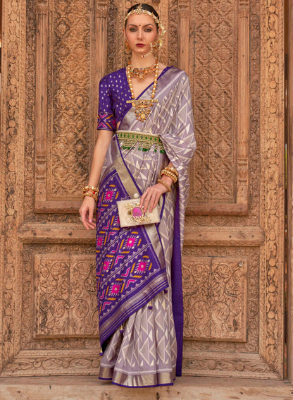 Lilac with Purple Soft Floral Printed Saree with Ekat Border and Pallu