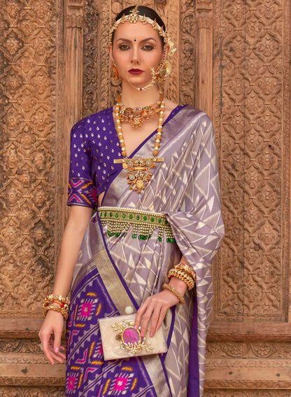 Lilac with Purple Soft Floral Printed Saree with Ekat Border and Pallu