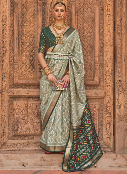 Light Green Soft Floral Printed Saree with Ekat Border and Pallu