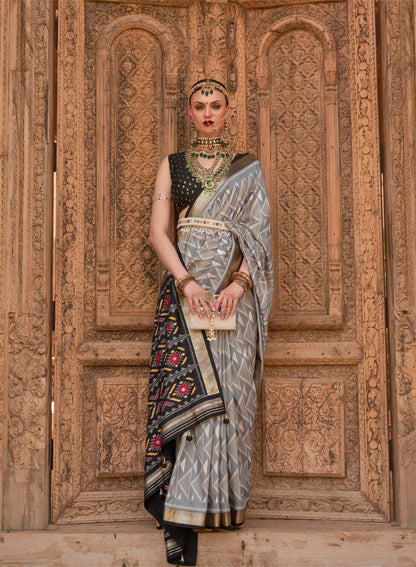 Grey with Black Soft Floral Printed Saree with Ekat Border and Pallu